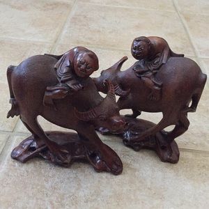Asian Hand Carved Wood Man Riding a Water Buffalo Ox Sculpture Set